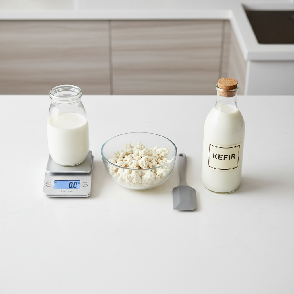 An organized, step-by-step kefir preparation setup on a wide, matte white countertop: a tall glass jar with milk, a small digital kitchen scale, a glass bowl of kefir grains, a silicone spatula, and a labeled glass bottle ready for bottling. Each object is precisely aligned, with ample negative space between them to keep the scene uncluttered. Neutral-toned tiles and a hint of a stainless steel sink form a softly blurred background. Bright but soft studio lighting from above ensures every detail is crisply visible without harsh shadows. Shot from a slightly elevated, almost overhead angle, the composition has a clean, instructional, and professional mood, in sharp photographic realism, ideal for a kefir tutorial post.