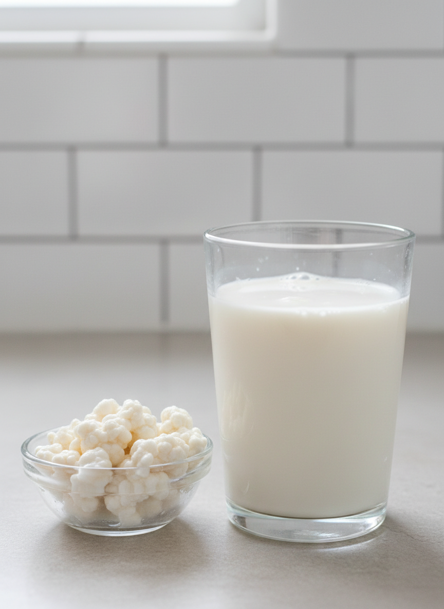 A close-up of a transparent tumbler filled with freshly fermented milk kefir, its surface showing tiny, delicate bubbles and a velvety, slightly thick texture. The glass sits on a pale stone countertop, next to a small clear bowl containing pearly white kefir grains glistening with moisture. In the softly blurred background, there is a tidy, modern kitchen backsplash in white subway tile. Diffused overcast light from above and behind creates clean, even illumination with minimal shadows. Captured from a slightly elevated angle using the rule of thirds, the image feels clinical yet inviting, emphasizing purity, quality, and professional photographic realism for an educational kefir article.