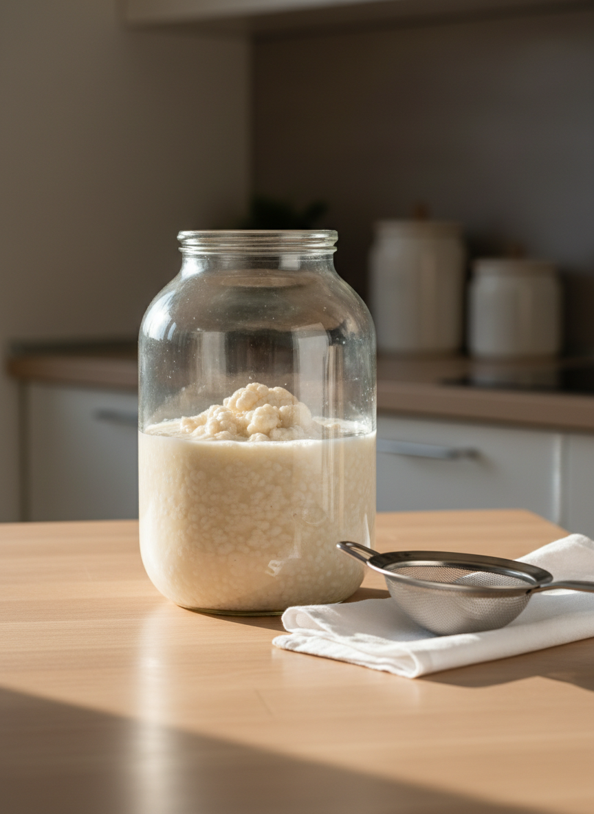 A large, clear glass jar filled with vibrant, slightly cloudy kefir grains suspended in creamy liquid, resting on a smooth, light wooden kitchen counter. Beside it, a neatly folded white linen cloth and a fine-mesh stainless steel strainer hint at a professional fermentation process. Soft morning daylight enters from an unseen window to the left, creating gentle highlights on the glass and subtle reflections on the counter. The background is softly blurred, showing clean, modern cabinets in neutral tones. Shot at eye level with a shallow depth of field, the composition is centered and orderly, conveying a professional, trustworthy, and photographic realism style suited for an authoritative kefir blog.